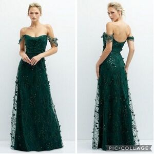 Dessy Collection 3135 3D Floral Embroidered Off The Shoulder Gown‎ Evergreen 0